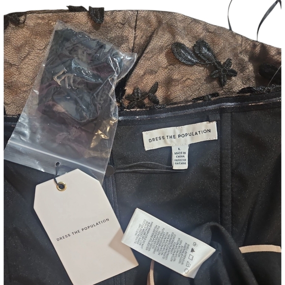 Dress The Population Lace Floral 3D Appliqué Strapless Cocktail Midi Black Dress - Picture 11 of 13